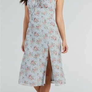 Windsor Light Blue Floral Midi Dress with Pink Rose Print